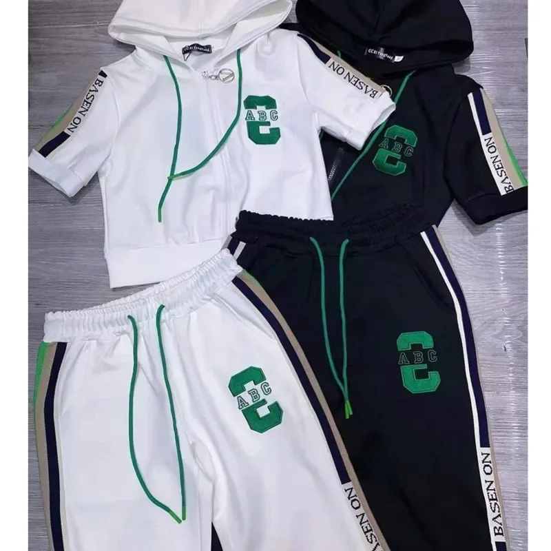 

Fashion Sports Suit Women's 2025 Spring Summer New Hooded Short Sleeve Coats Casual Crop Top And Pants 2 Two Piece Set For Women
