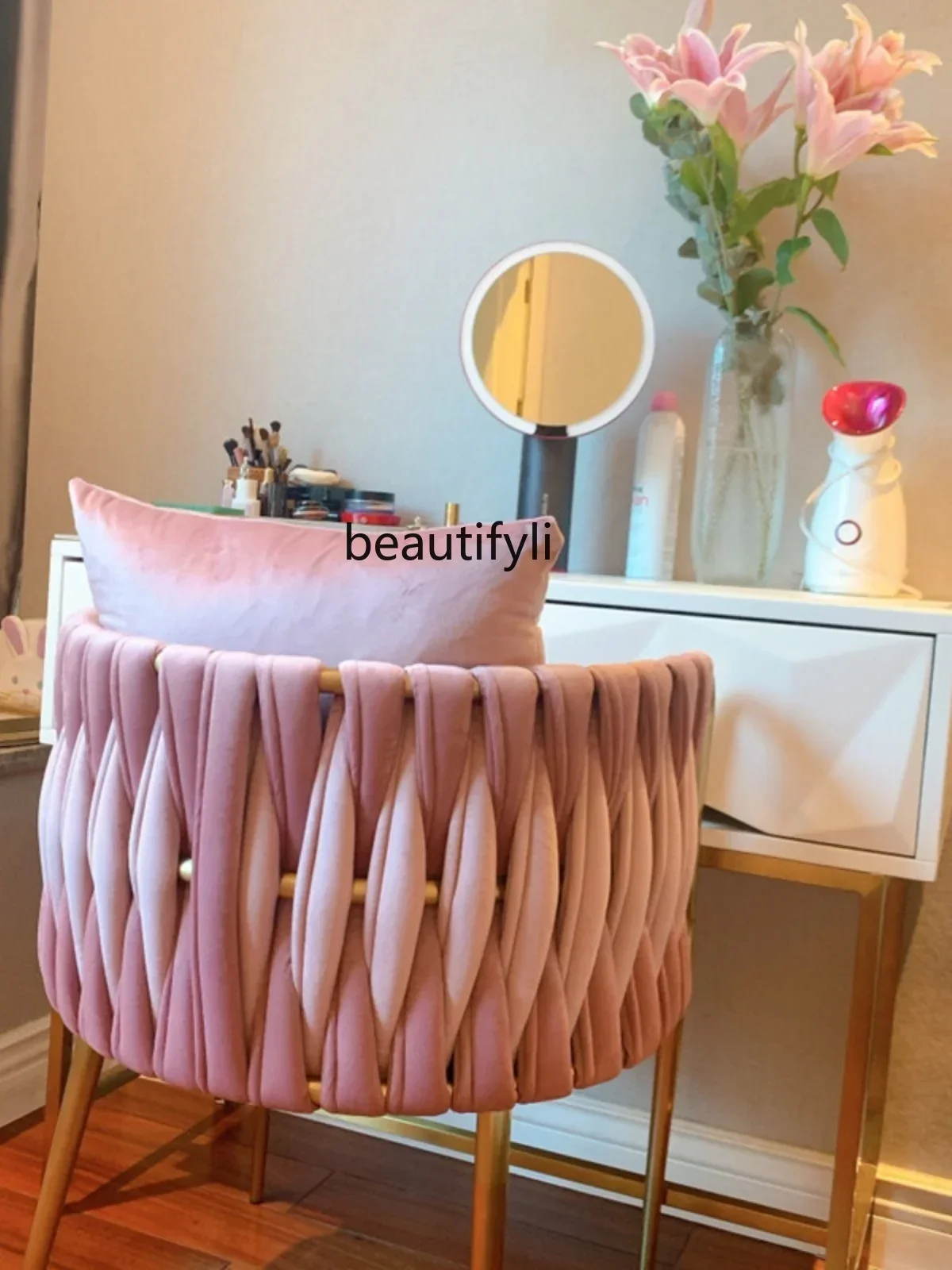 Home Dining Chair Pink Makeup Chair Light Luxury Bedroom Simple Dressing Table Stool Backrest Nail Scrubbing Chair