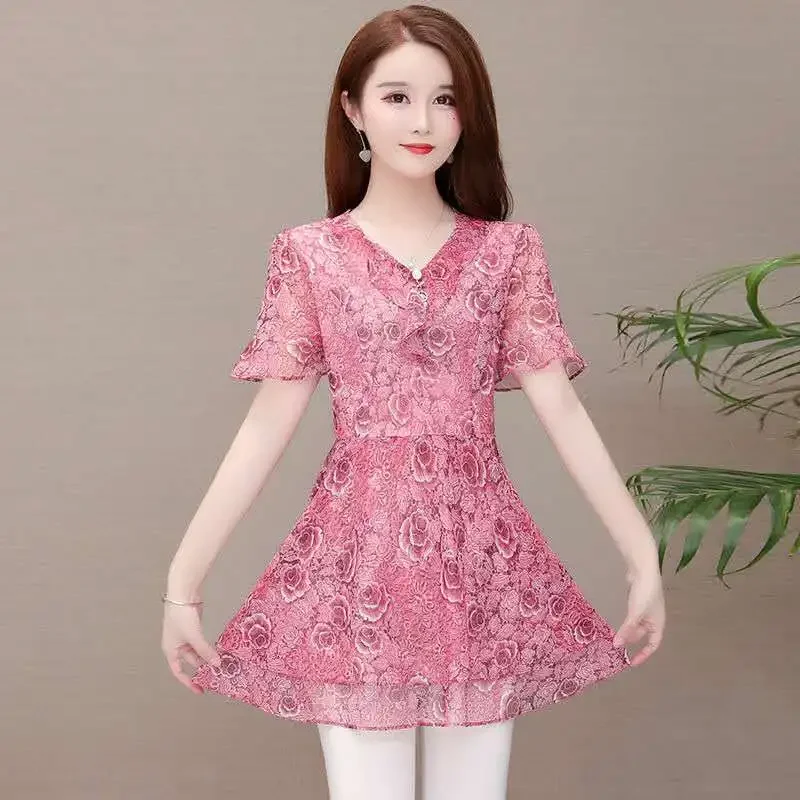 Summer Middle Aaged Women Chiffon Short Sleeve Blouse Tops Female Fashion Flower Print Shirt Blusas De Una Managa Color Roja