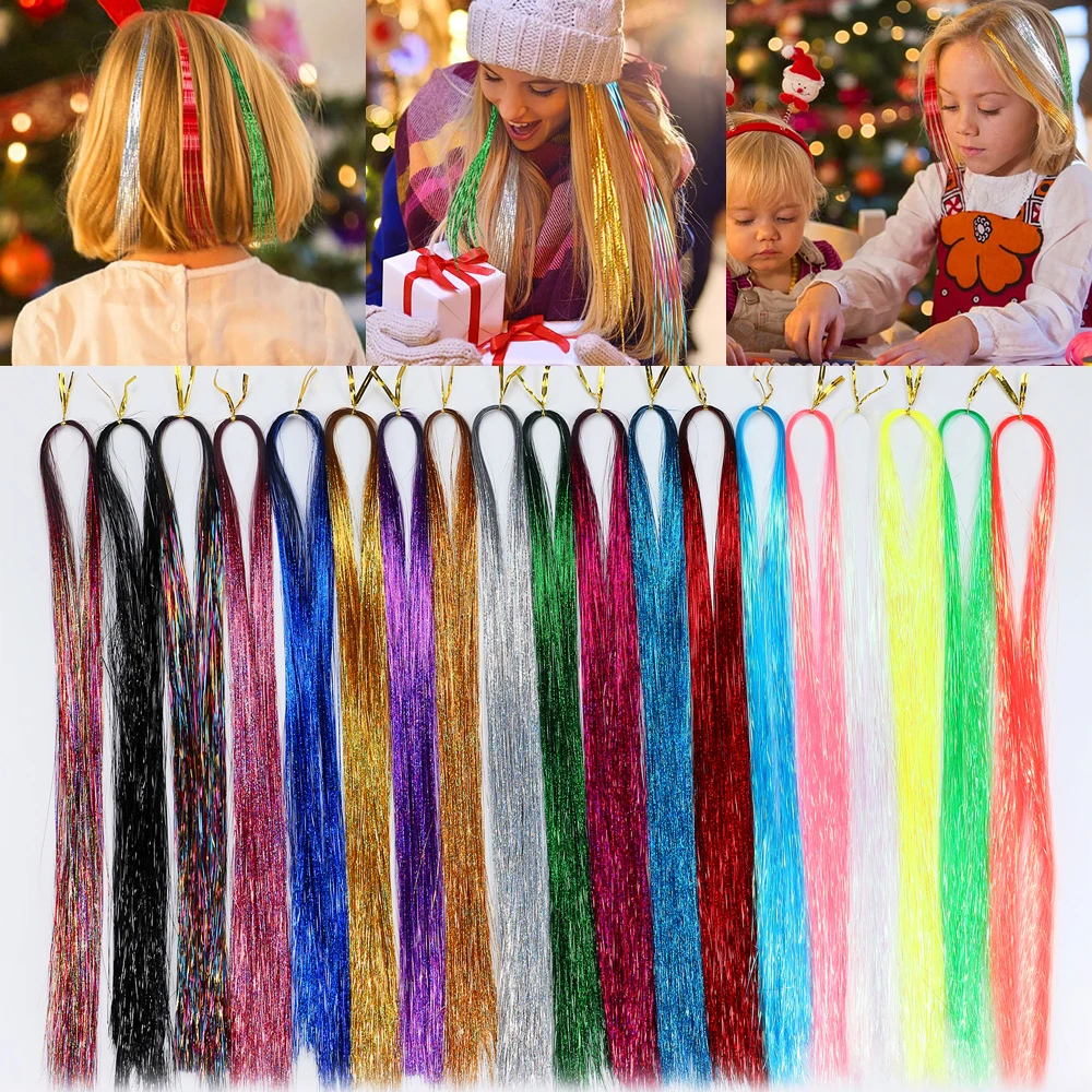 1Pc 90cm Sparkle Hair Tinsel Rainbow Color Strands Girls Headwear Hairbing Hair Laser False Hair Extensions Decor Glitter Strips