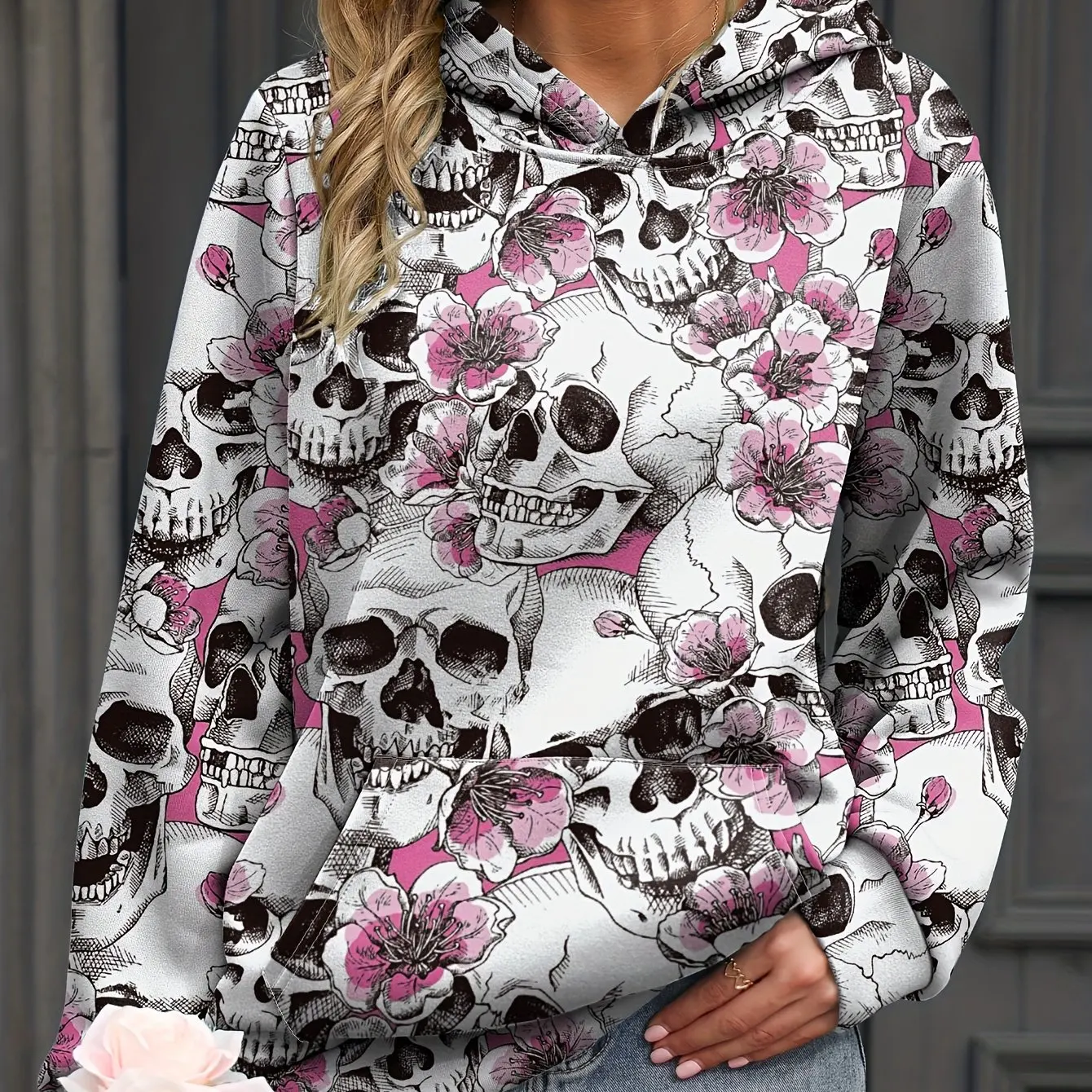 Czaszka kwiatowy wzór 3D bluzy z kapturem z nadrukiem moda damska bluzy z kapturem Streetwear swetry dresy w stylu Harajuku odzież damska — zdjęcie 2
