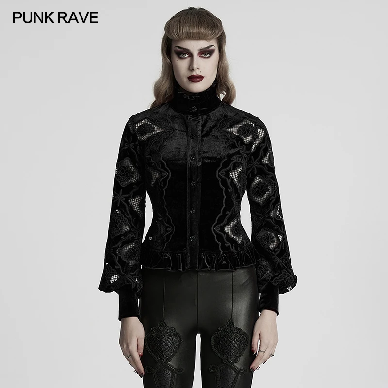 

PUNK RAVE Women's Retro Embroidered Luxurious Textured Hollow Flower Velvet Shirt Adjustable Drawstring Exquisite Tops