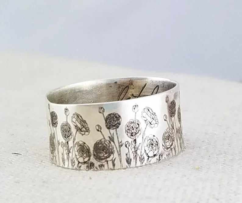 Personalized Ring  Inspiration Band  Nature Accessories  Personalized Floral Rings Handwriting Mixed Metal Ring Ranunculus Ring