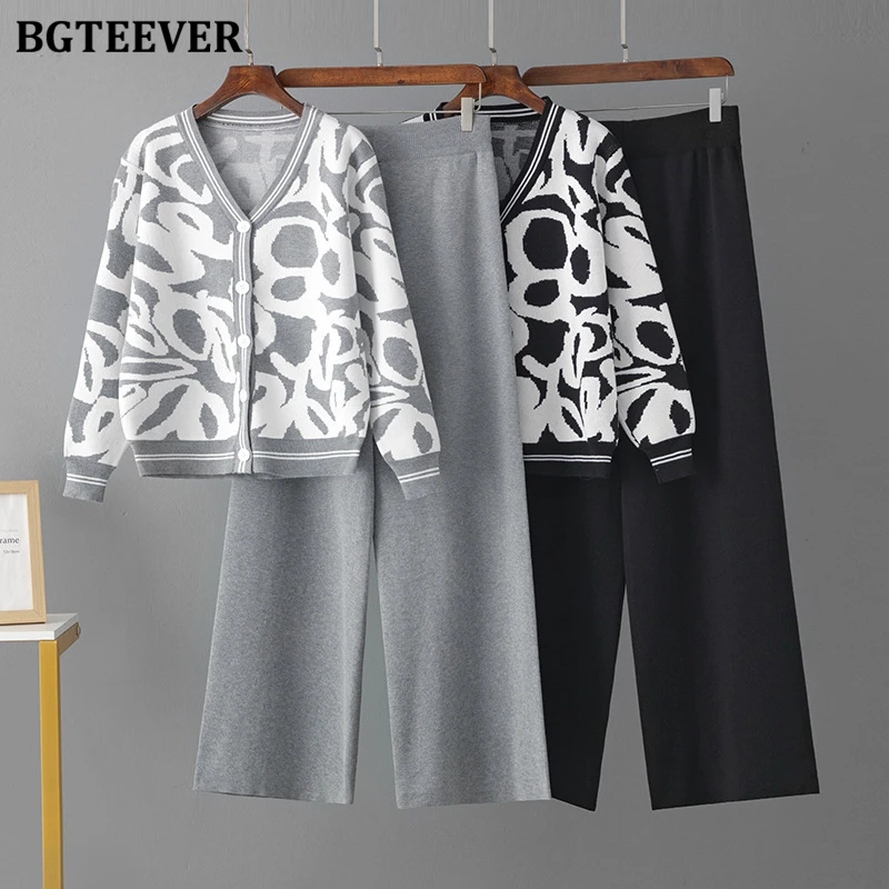 BGTEEVER Stylish Autumn Winter Ladies 2 Pieces Sweater Set V-neck Single-breasted Leopard Cardigans & Knitted Wide Leg Pants