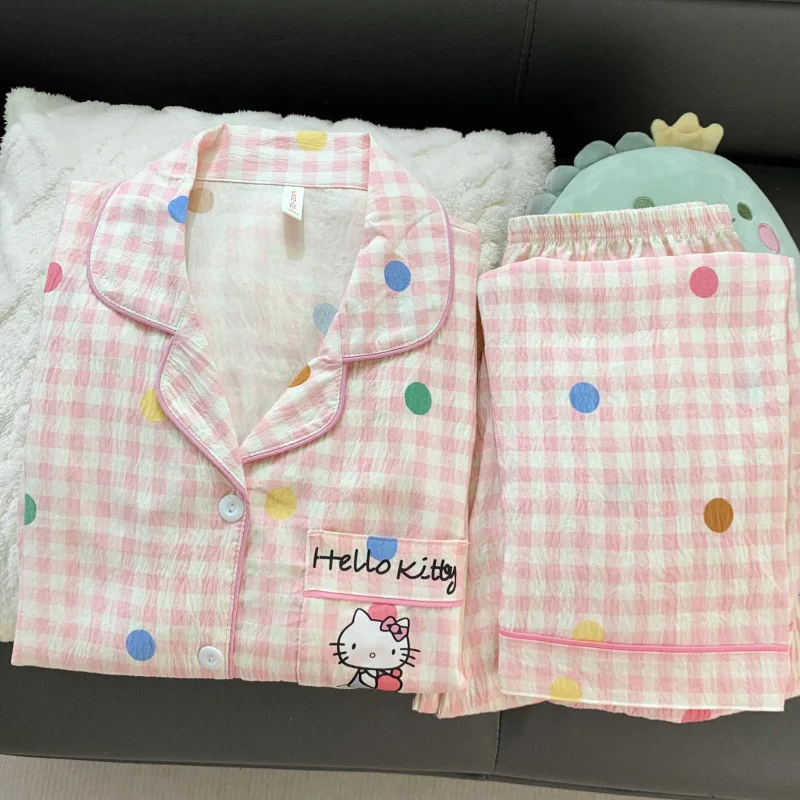 Cartoon Women Pajamas Set Anime Hello Kitty Long Sleeves Pants Kawaii Spring Autumn Nightgown Girls Student Home Clothing Set