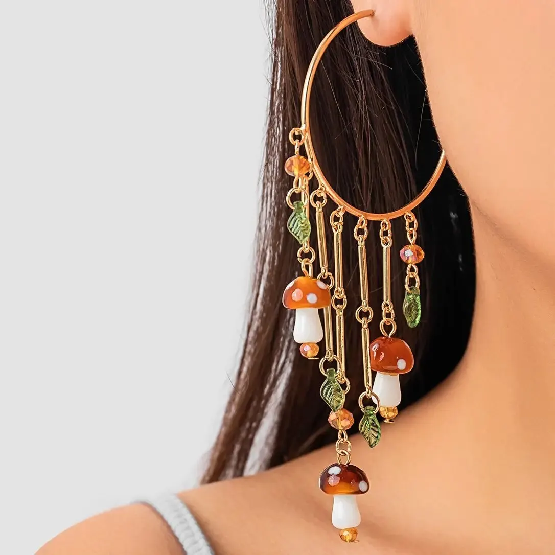 Bohemian Colorful Mushroom Crystal Pendant Long Tassel Earrings Women Exaggerated Piercing Hoop Earring Trend Gift Y2K Jewelry