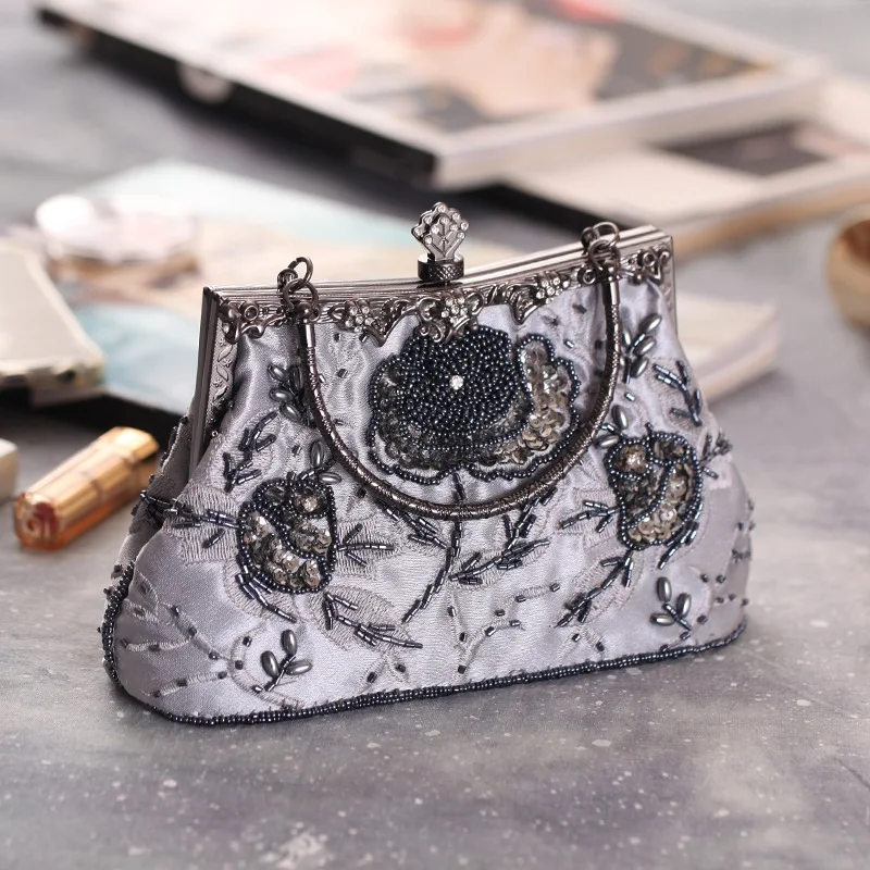 Lady Luxury Design Embroidery Floral Beading Handmade Clasp Handbag Female Victorian Style Evening Party Wedding Shoulder Bag