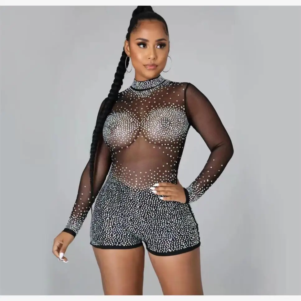 

Sexy Me Perspective Jumpsuit round Ne Long Sve ort Pants Women's High Waist Polyester Fabric Faionable Office Wear