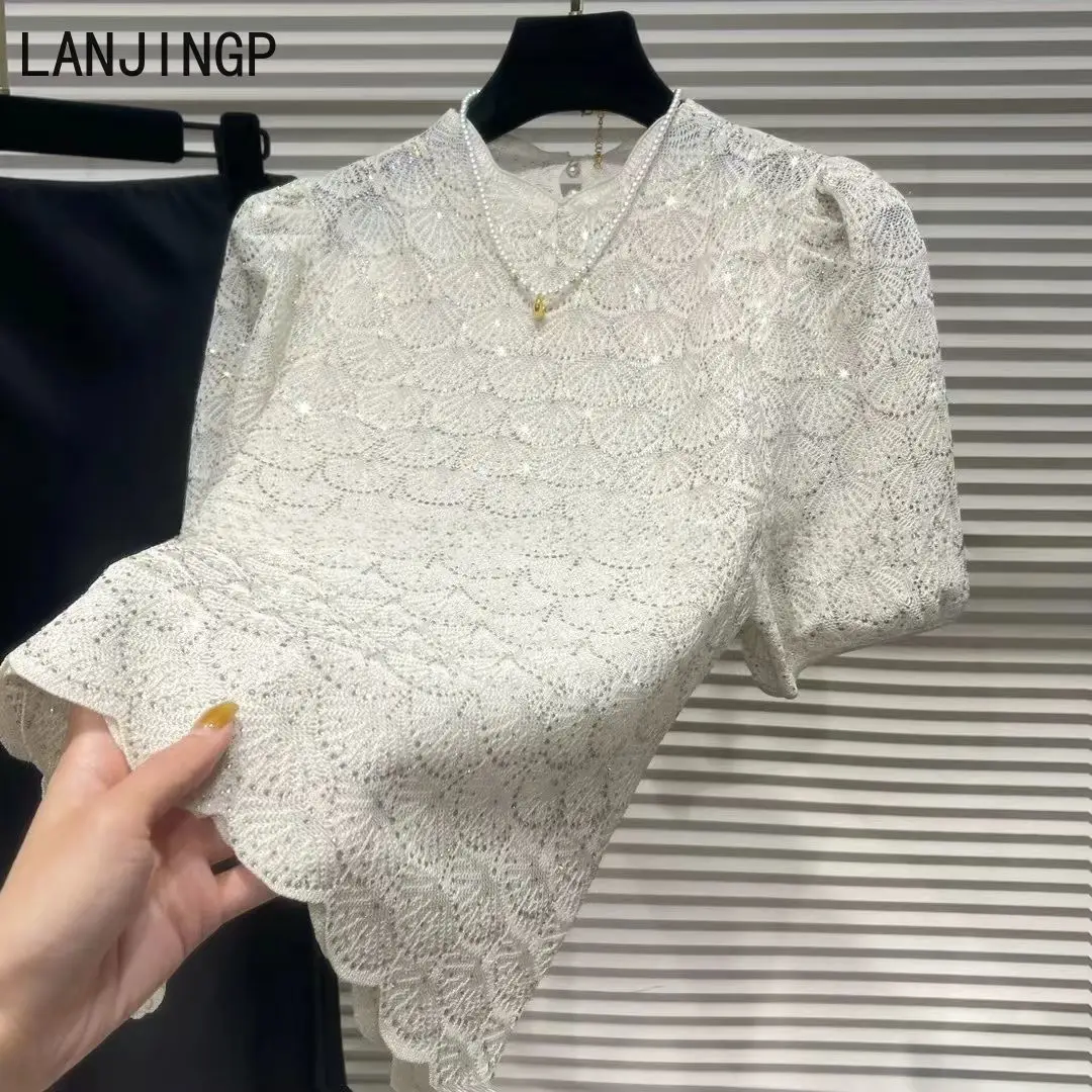 

Short-sleeved loose bottomed shirt top 2025 summer new front shoulder ice silk knitted French high-end t-shirt women's clothing