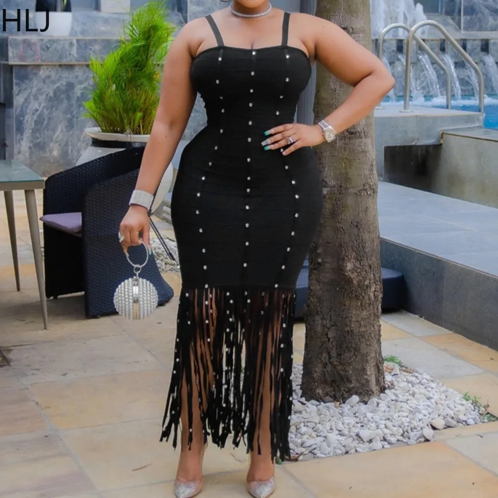 

HLJ Sexy Tassel Patchwork Bodycon Dresses for Women Spaghetti Strap Sleeveless Backless Dress Female Streetwear Vestidos 2025