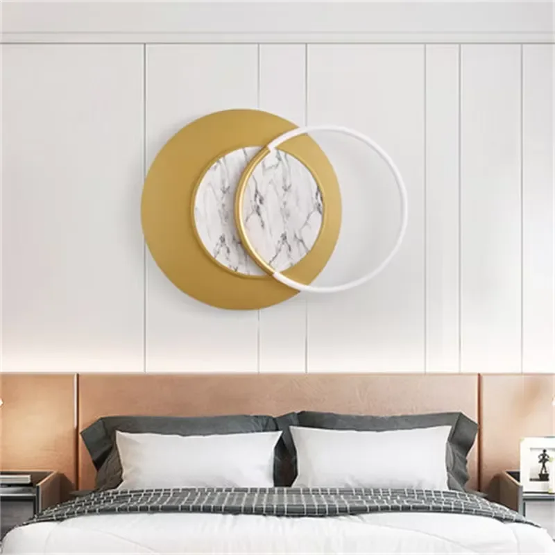 Golden Iron Round Marble LED Backlit Wall Lamp Minimalist Art Decor Sconce Bedroom Living Hall Hotel Entrance Background