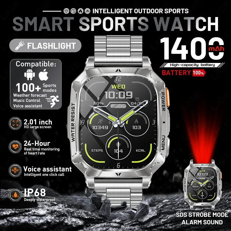 

LIGE Military 1400mAh Battery Smart Watch Men 2.01" HD Screen IP68 Waterproof Sports Fitness Bluetooth Call SOS Light Smartwatch