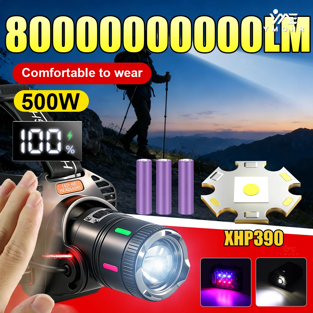 Linterna frontal superbrillante XHP390 de 500W, lámpara LED recargable, linterna frontal impermeable 18650x3, linterna para casco, linterna para senderismo