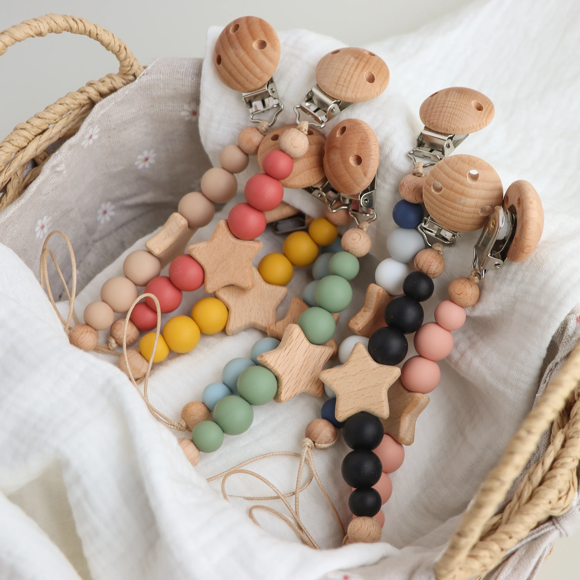 Chewable Star Wooden Silicone Beads Dummy Anti Lost Teether Toys Holder Baby Pacifier Clip Chain