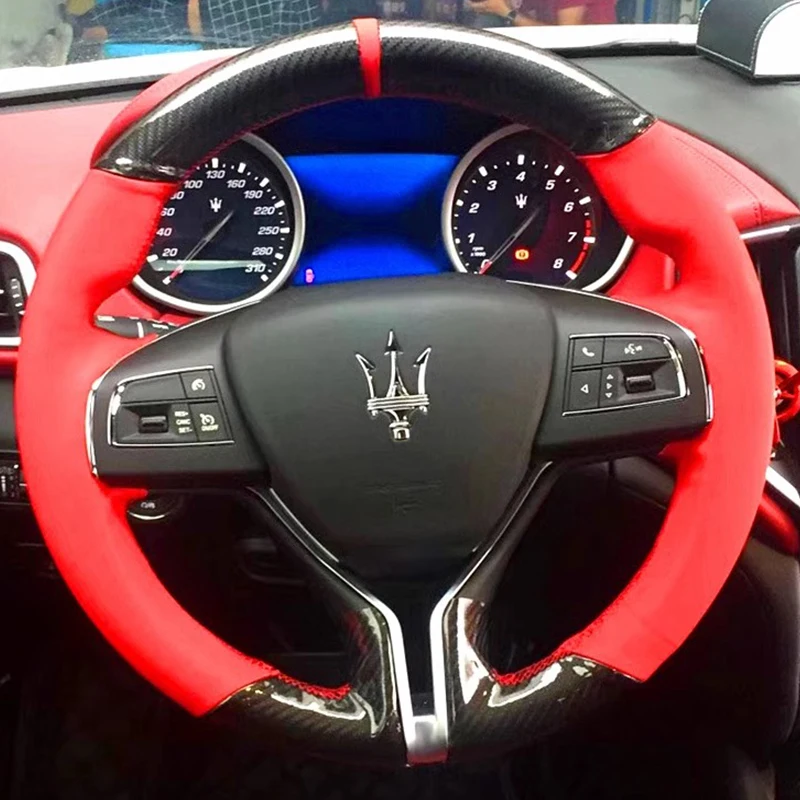 

100% подходит для Maserati Ghibli Levante Quattroporte, сшитый вручную, черный, из углеродного волокна, красный, из натуральной кожи, чехол на руль автомобиля