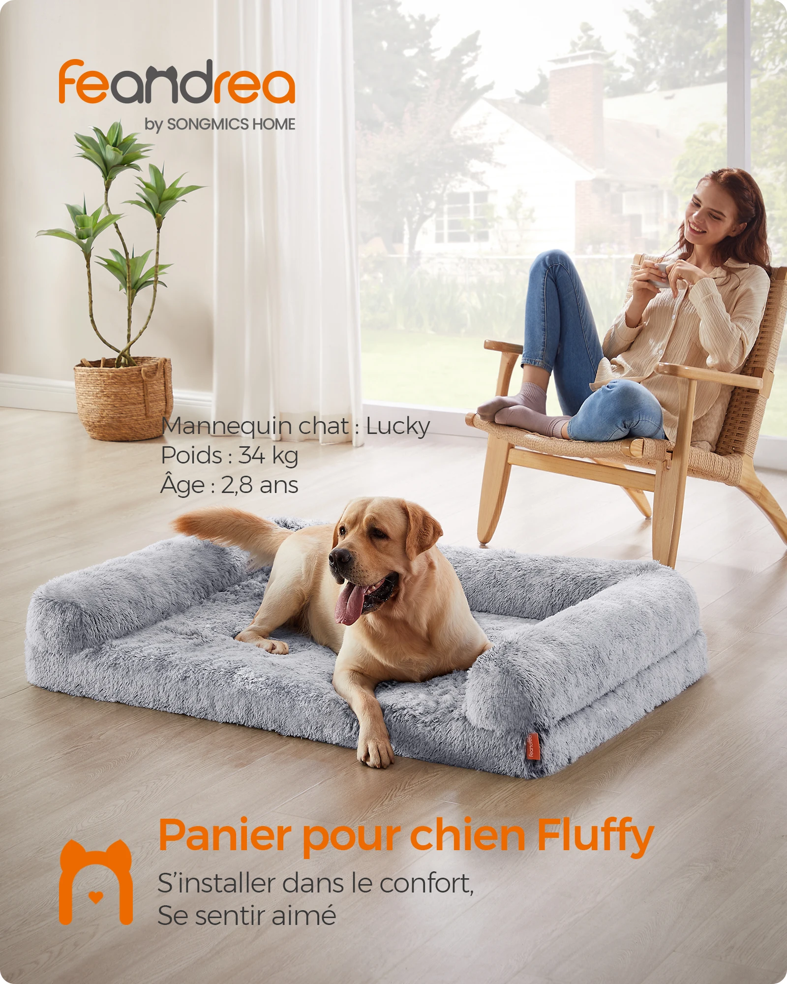 Feandrea FluffyHug Panier pour Chien, Canapé pour Chiot, Taille XXL, pour Chiens de Grande Taille, en Mousse Alvéolée, avec Housse Amovible Lavable, 122 x 85 x 19 cm