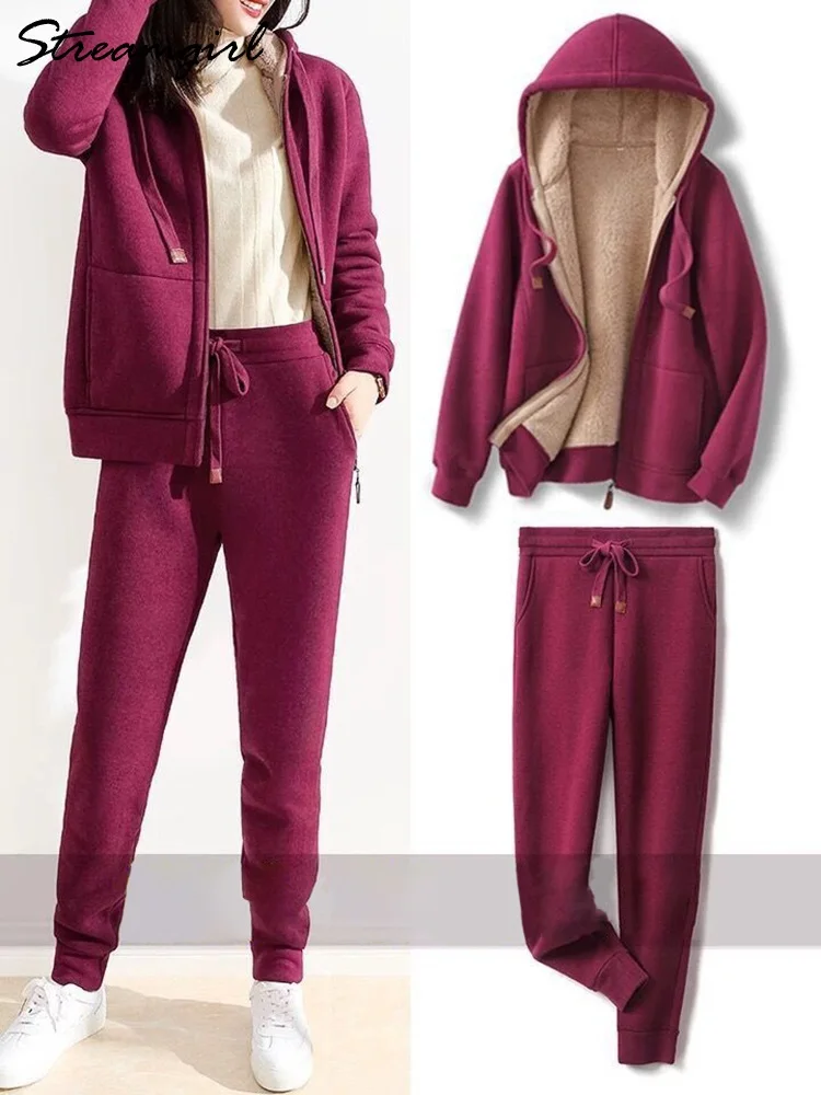 Winter Warm Sports Suits For Women Velvet Track Suit Thick Hoodies Jackets And Sweatpants Fleece 2 Piece Sets Women Outfit 2023