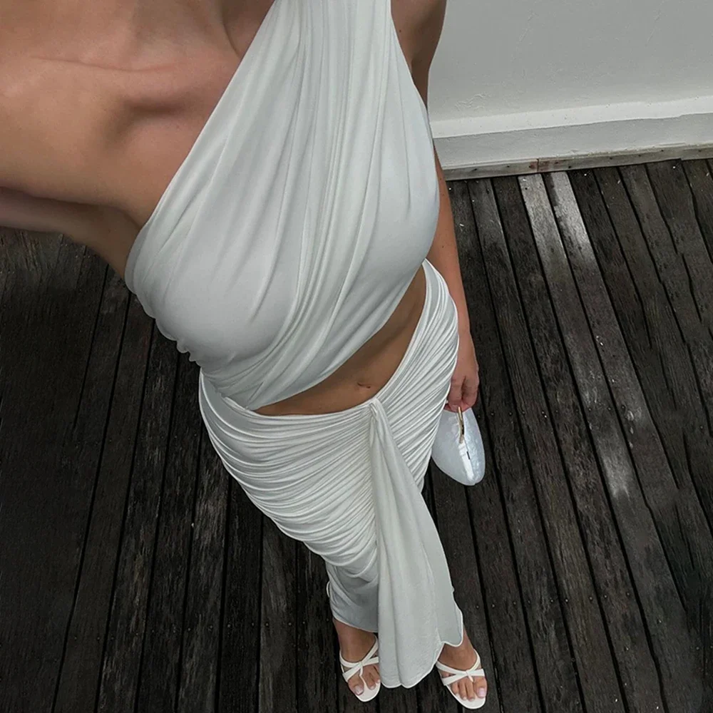 Sexy Slant Shoulder Cut Out Bodycon Maxi Dress Women Sleeveless White High Slit Party Vestido 2025 Summer Elegant Long Dresses