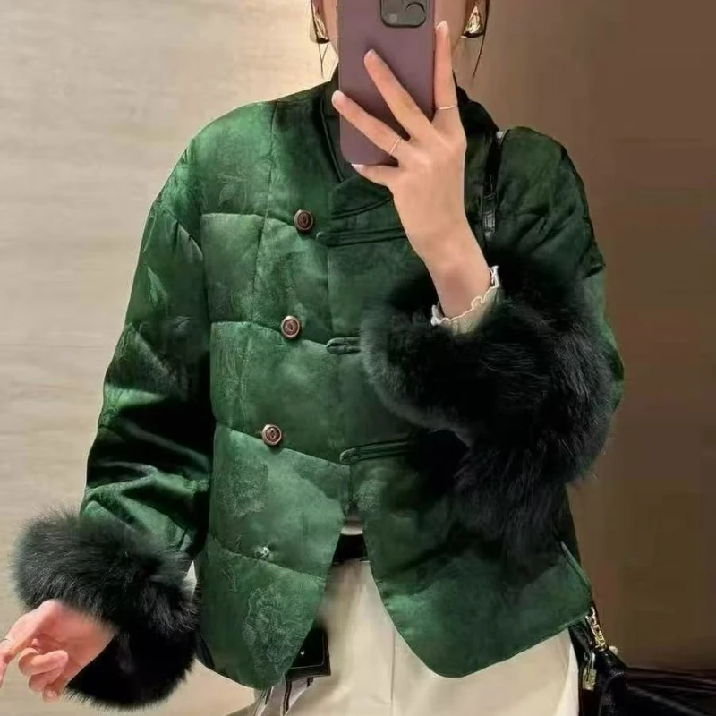 النمط الصيني الجديد ضوء جديد فاخر الراقية موضة مطبوعة زر متابعة المرقعة الصوف كم القطن معاطف دافئة 2026 الخريف/الشتاء