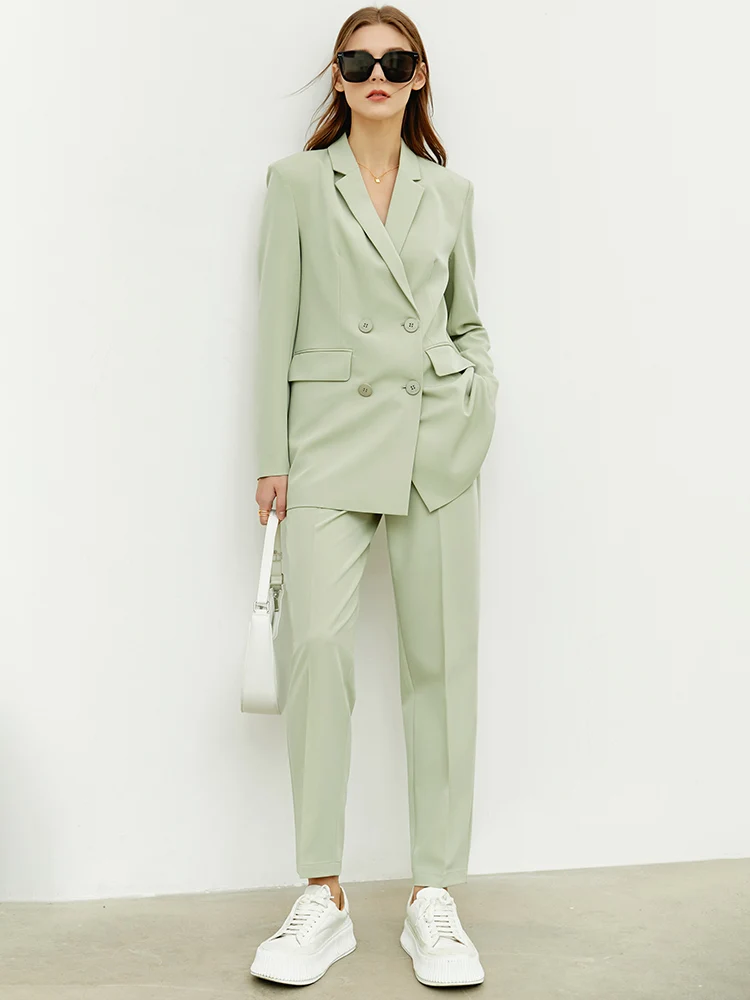 Amii-Blazer de printemps minimaliste pour femme, veste croisée solide, manteau de bureau, pantalon de rinçage taille haute, 12230021