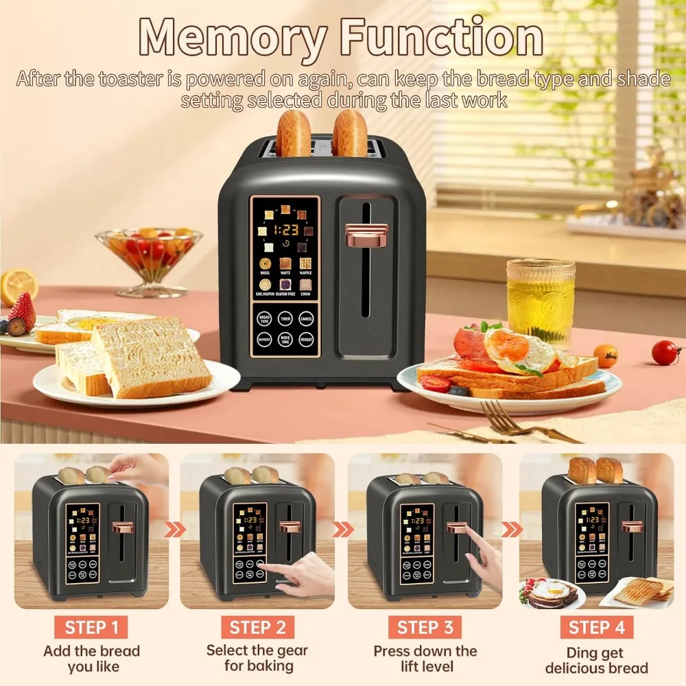 Inoxidável Torradeira 2 Slice com Display LCD e Touch Button, 50% Velocidade de aquecimento mais rápido, 1,4 "Wide Slots