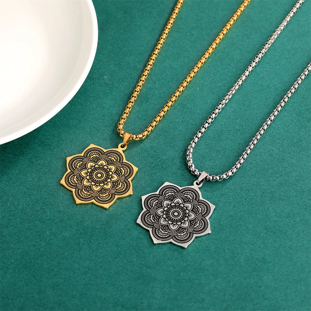 EUEAVAN Vintage Mandala Lotus Flower Pendant Necklaces Elegent Yoga Buddhism Necklace Wicca Sacred Geometry Fashion Jewelry Gift