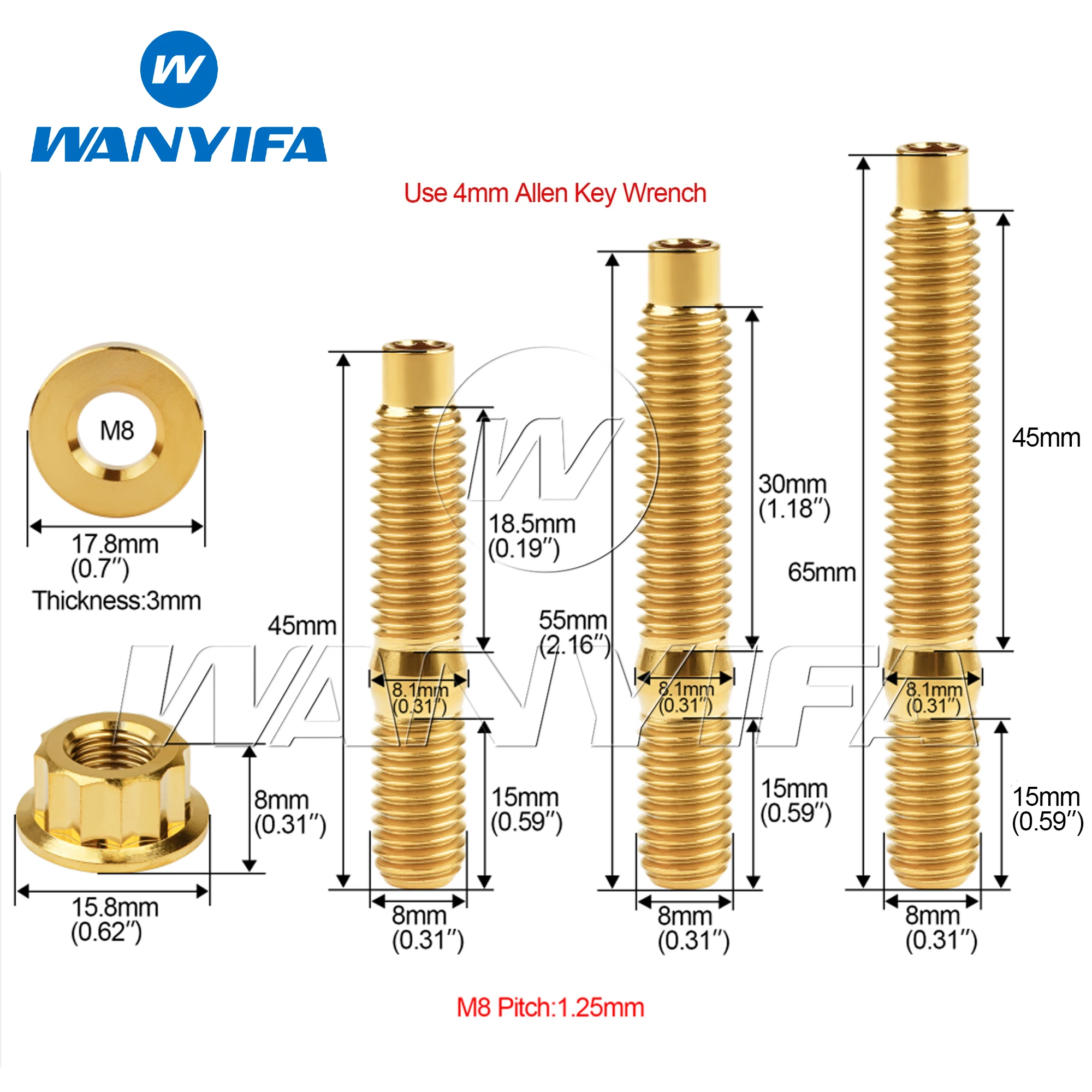 Wanyifa Titanium Stud M8/M10x45 54 55 65mm Exhaust Manifold Screw Nut Washer Ti Set Pitch 1.25mm for Motorcycle Exhaust Pipe