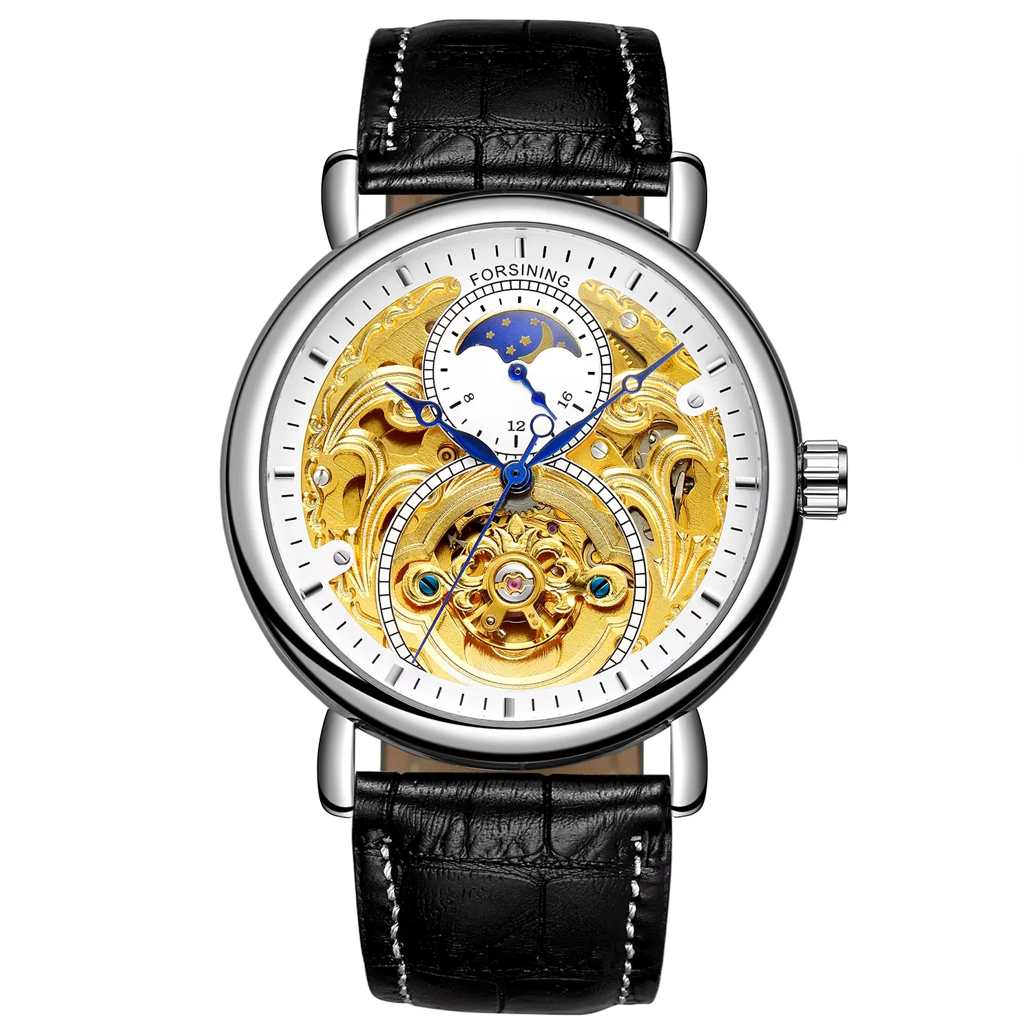 FORSINING Men's and women's watches hollow 8 blue hands mechanical watch Circular belt watch Black watch