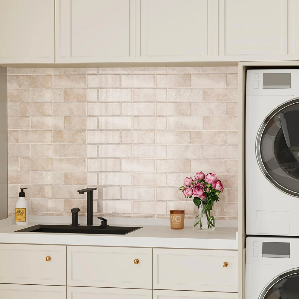 Abpp-decalques de parede de azulejo de metrô de pedra bege, 10 folhas, casca e colagem backsplash para reforma de cozinha
