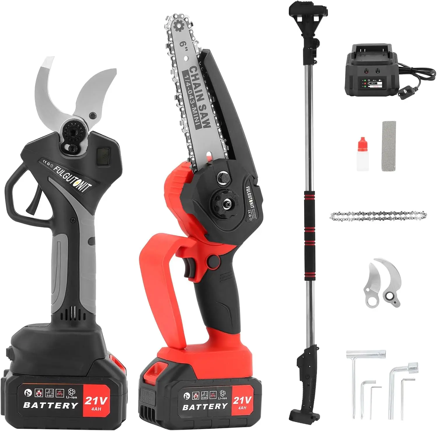 Electric Pruner Kit, 40 Mm(1.6 In) Pruning Shears & 6 Inches Mini Chainsaw, With Max 7 Ft Extension Pole, 2 Pcs 4 Ah Batteries