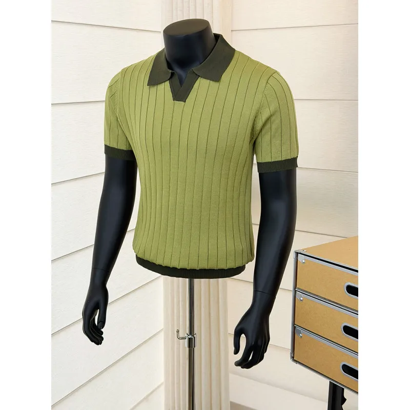 

British Style Contrasting Color V-neck Knitted Polo Shirt for Men Fashion Casual Business T-shirt Man Social Street Wear Tshirts
