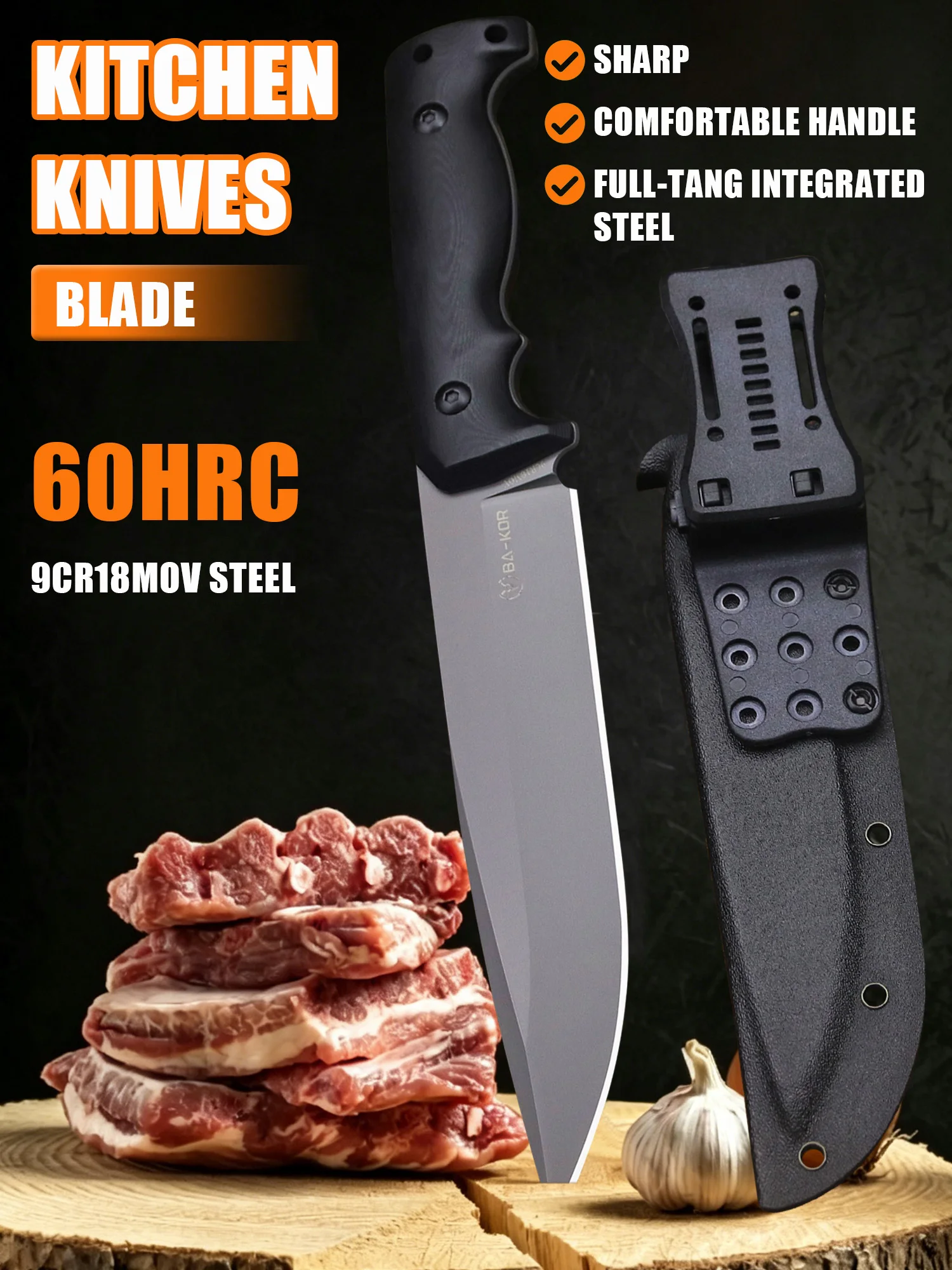 BA-KOR USA 5mm 9CR18MOV steel 12.4-inch all-tang one-piece chef's knife, slicing knife, kitchen knife + sheath