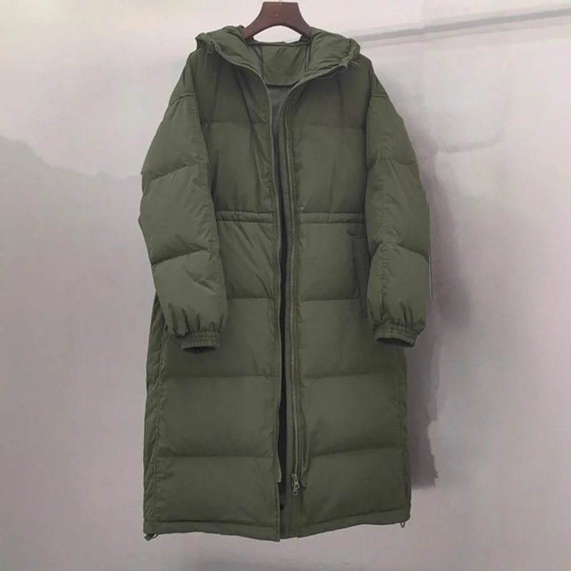 2025 nova jaqueta feminina moda outono inverno grosso quente longo pato branco puffer casaco quente grande solto com capuz parkas outwear