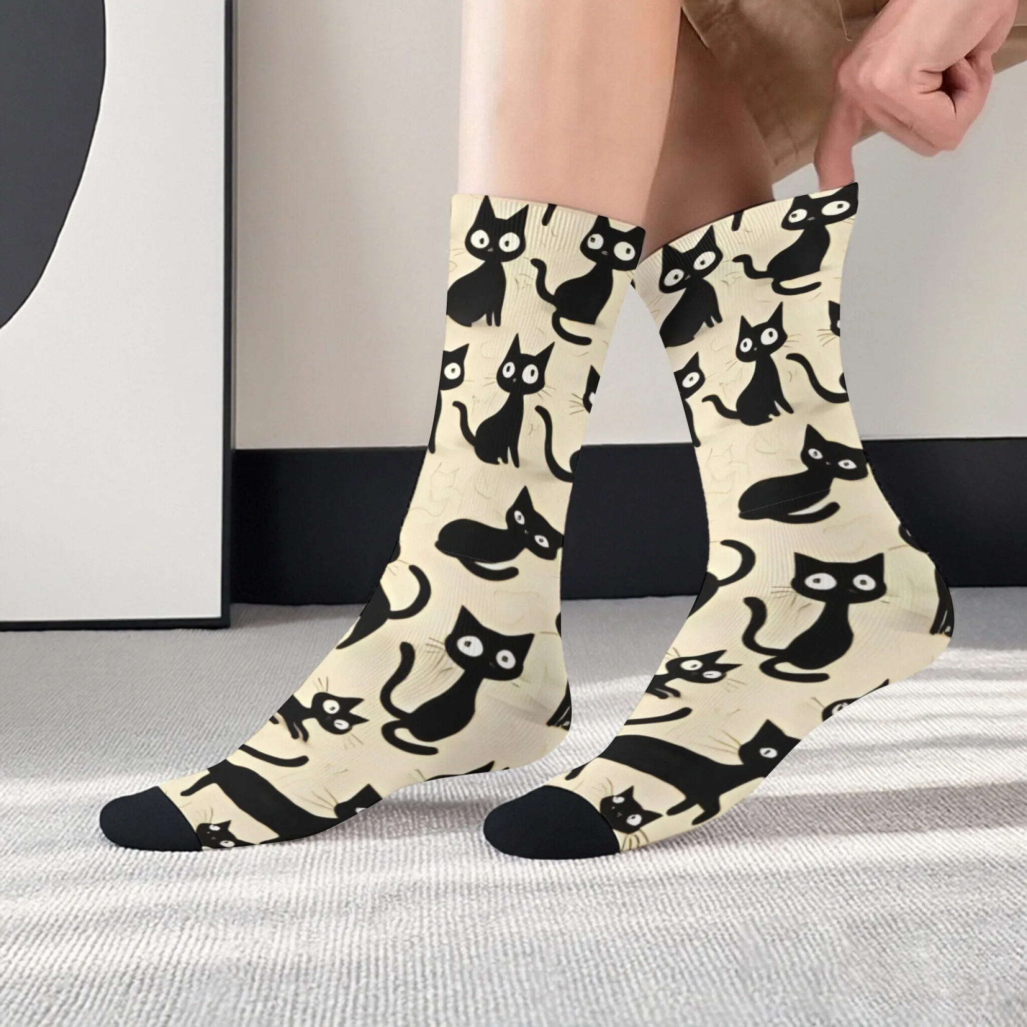Cute and Simple Cartoon Black Cat Print Mid-calf Socks Off-white  Charming Black Cat Theme for Cozy Comfortable Soft Home Look