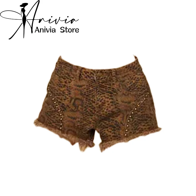 Women's Leopard Denim Shorts Vintage Y2k 90s Streetwear Harajuku Mini Jeans Shorts Cowboy Short Pants 2000s Clothes Summer 2024