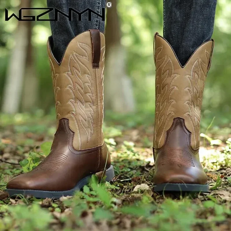 Botines clásicos altos bordados para hombre, zapatos de diseño Retro para hombre, botas de vaquero del oeste con punta ancha, botas de plataforma puntiagudas para hombre