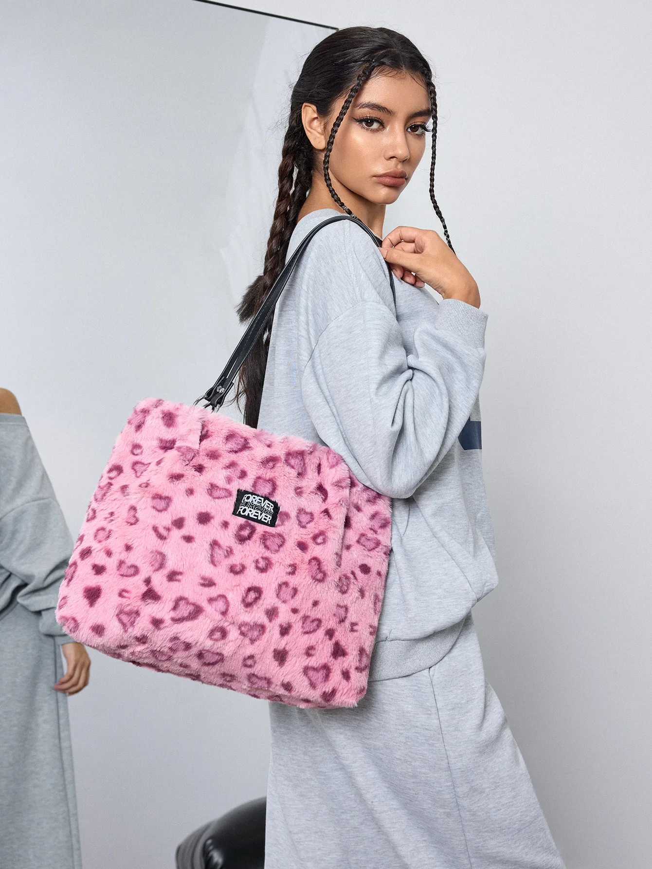 DareSee Soft, Puffer, Fluffy, Plush, Fuzzy 1pc Pink Leopard Print Plush Tote Bag With Metallic Ring Decor And Large Capacity For Daily Use Of Women For Girls, Women, College Students, Rookies & White-Collar Workers For Autumn & Winter, For Fall