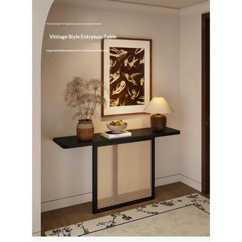 Artistic Mid-Century Entryway Console Natural Wood Rattan Cabinet for Living Room High-End Custom Foyer Decoration Table