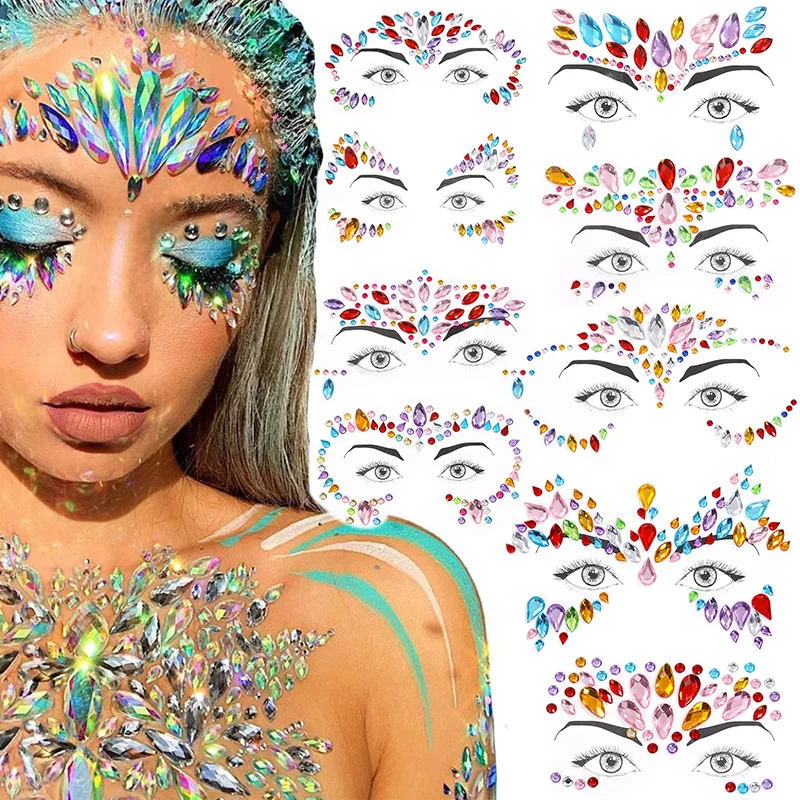 

3D Sexy Face Tattoo Stickers Acrylic Glitter Rhinestone Party Make-up Party Female Self Adhesive Jewellery Eyebrow Colourful Kid