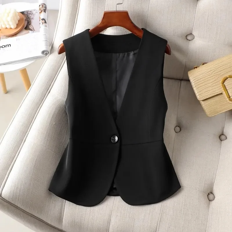 Korean Women Short Blazer Sleeveless Outwear Spring Autumn Female Suit Vest Jacket Ladies V-neck Lined Waistcoat Coat   ﻿