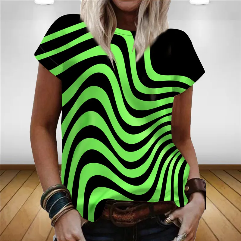 Women Summer Fashion Striped Theme T-Shirts Tops Female 3D Print Round Neck Simple T Shirt Rainbow 3D Casual Oversized Tees