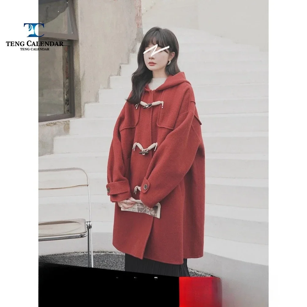 Red Horn Button Jacket for Women, Loose Hooded Jacket, Small Figure, Korean Style, New Winter Version, 2024