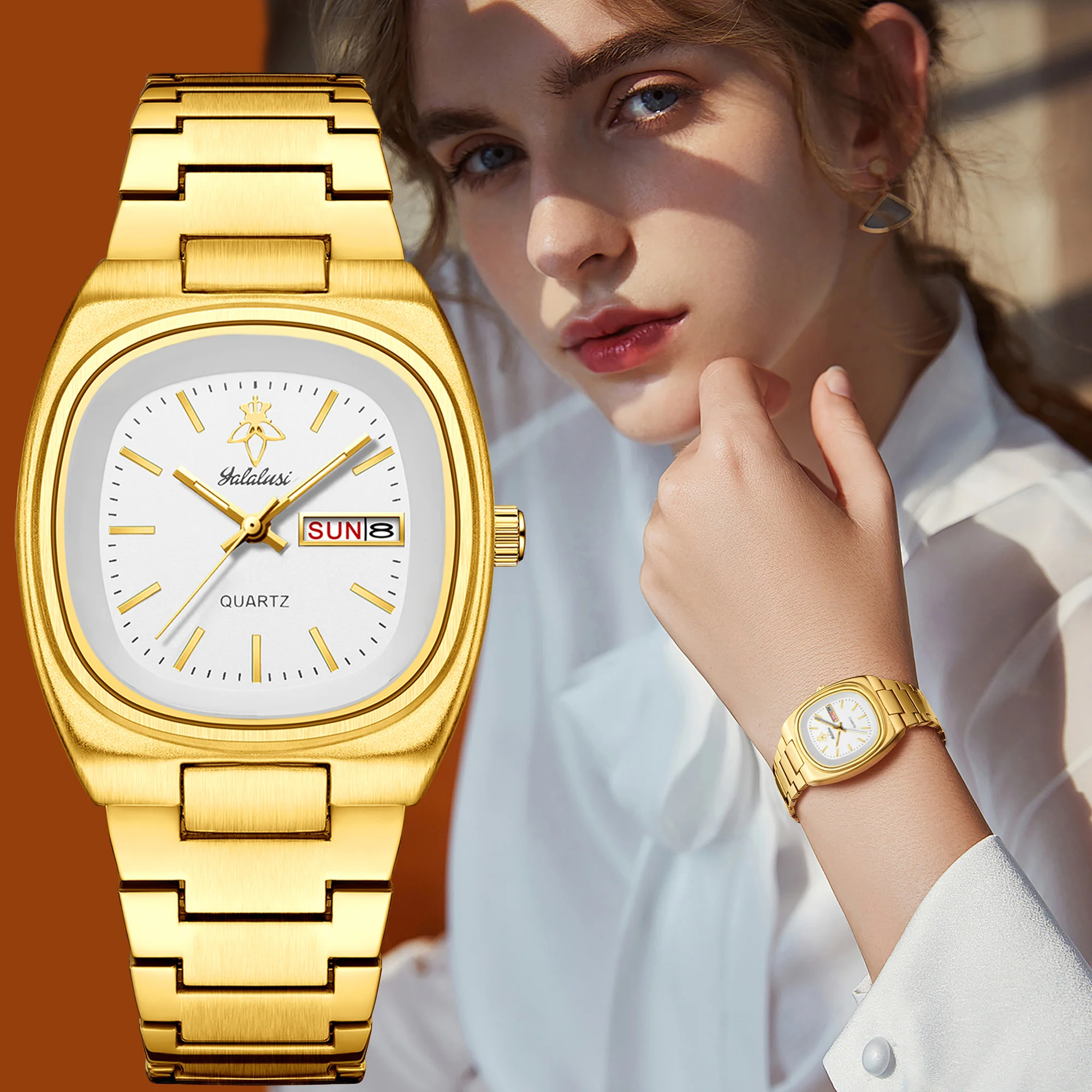 YaLaLuSi Vintage Square Cushion Gold Ladies Watch YaLaLuSi White Dial Day & Date Window Minimalist  Band Waterproof Female Quartz Watch Daily Commute Jewelry Gift