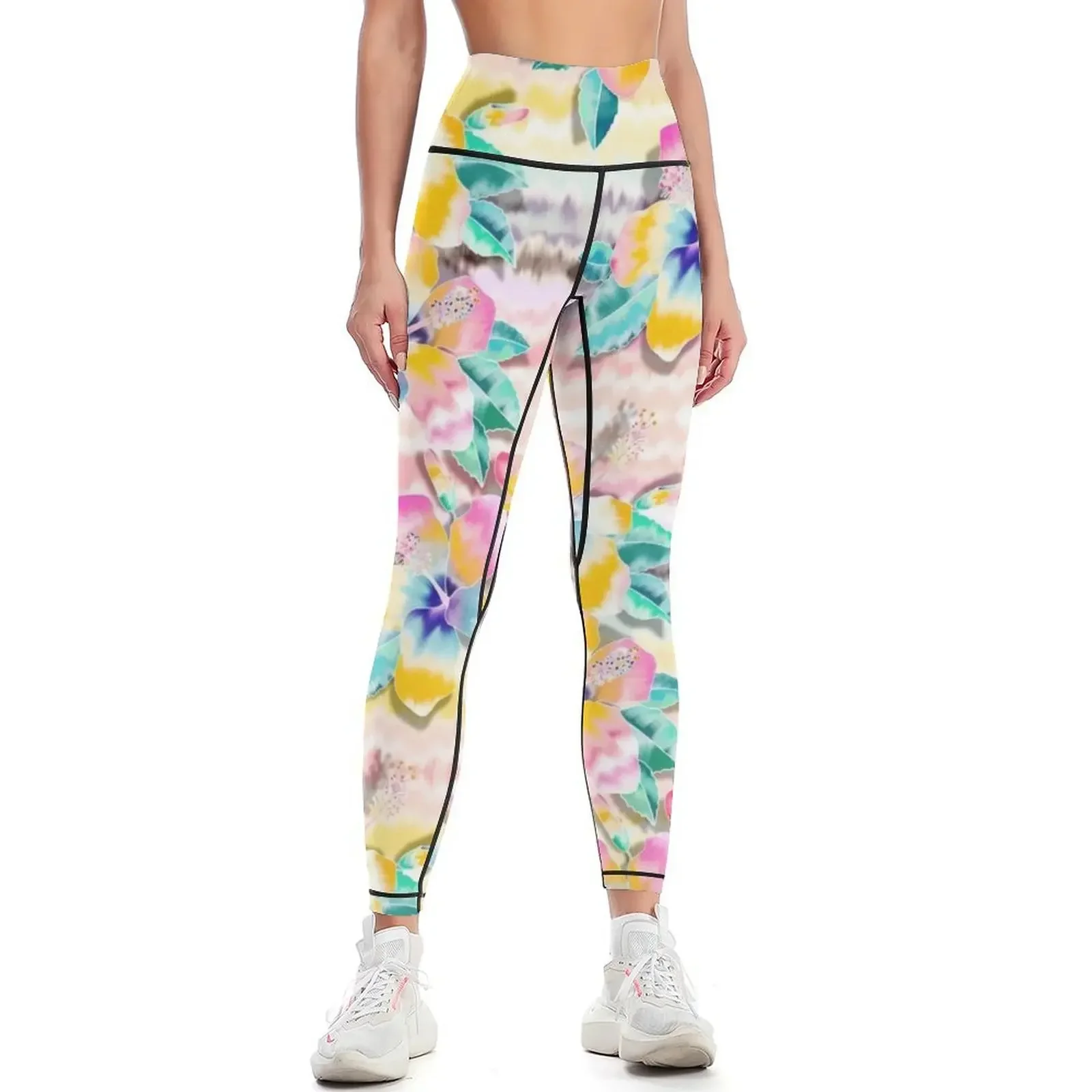 

Tie-Dye Hibiscus Collage in pastels Leggings active wear Women's push up sportswear for gym sports for gym Womens Leggings
