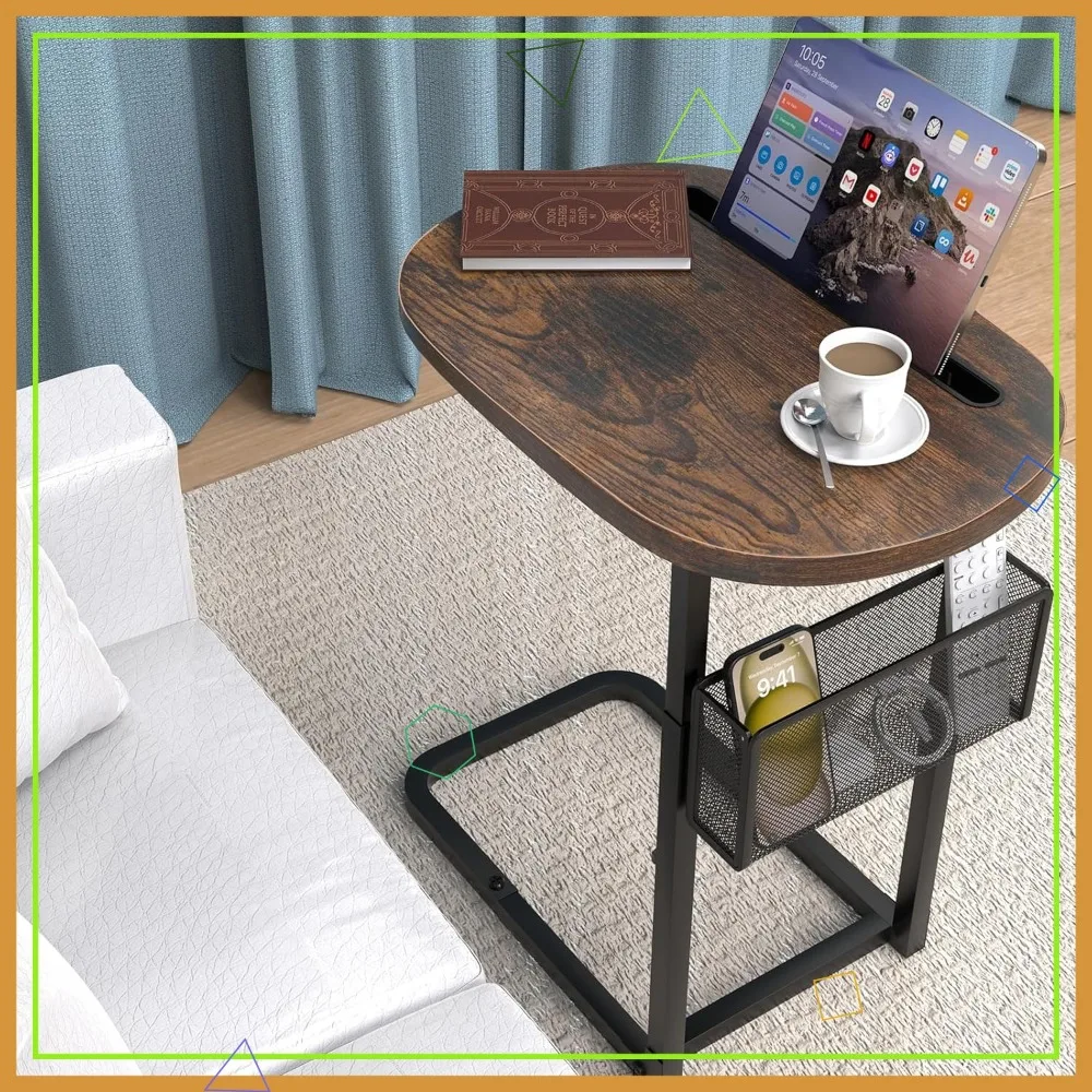 

Adjustable Sofa Table with Large Top and Storage, Strong Metal Frame for TV Watching, Meals, Snacks (Oval, Brown)