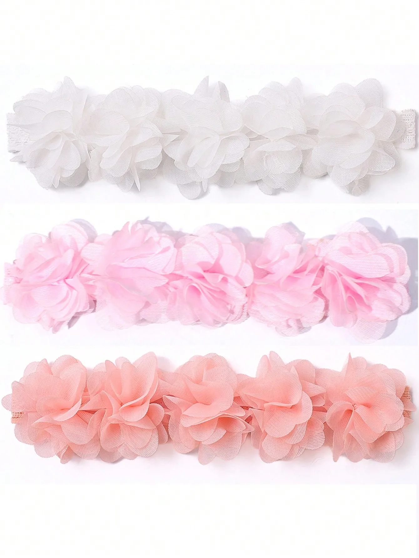 

Handmade DIY Headwear Shabby Fabric Flower Cluster Stretchy Cheap Baby Custom White Three Lace Chiffon flower Elastic Headband