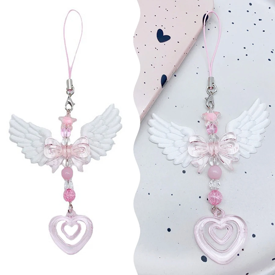 Chaveiro de Coração com Laço Lovely Wings para Meninas e Mulheres, Acessório de Moda Doce, Pingente para Celular, Corrente para Bolsas, Acessórios Decorativos, Presentes