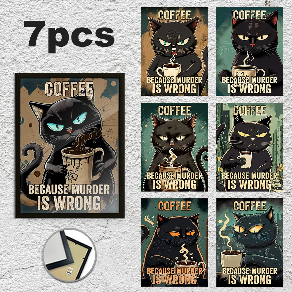 

7 шт. 12*16 дюймов, 1 с рамкой, Extre 6 постеров с принтом на холсте, забавный черный кот, кофе, современный ретро-стиль, настенное искусство, домашний декор для комнаты