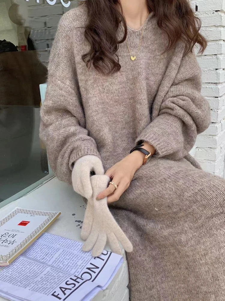 QOERLIN Minimalist Korean Dress Women Autumn Winter Grey Sweater Dress Maxi Hoodies Long Sleeve Knitted Dresses Loose Casual