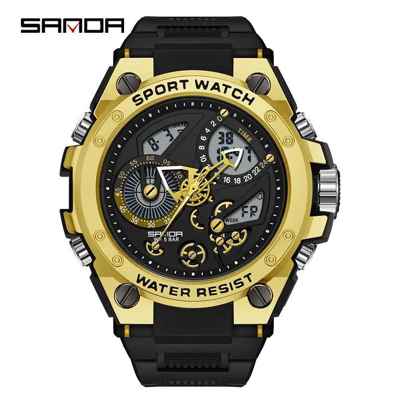 

Fashion Sanda Top Brand Men's Electric Multi-function Trend Outdoor Luminous Alarm Waterproof Shockproof Men 2 Time Zones Watch